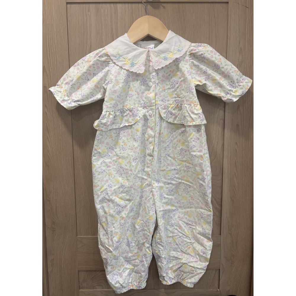 Vintage OshKosh RARE Pastel Fruit One Piece Romper 18M 90s Puff Sleeve Ruffles
